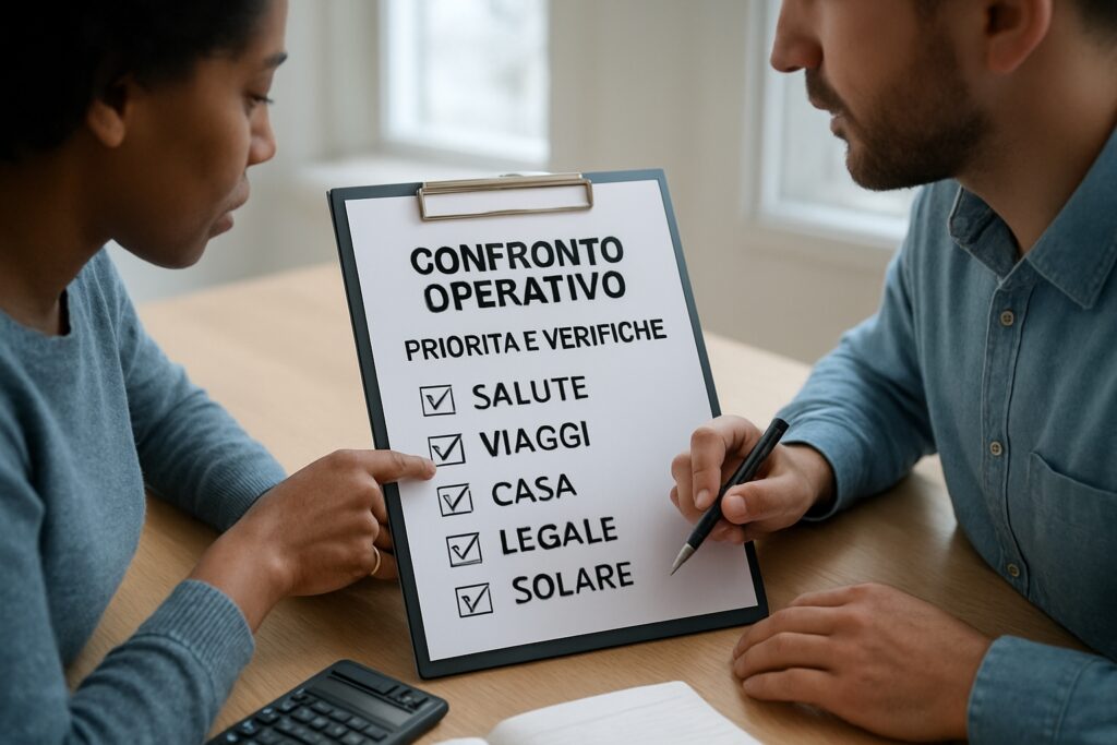 Confronto operativo tra priorità e verifiche: salute, viaggi, casa, legale e solare